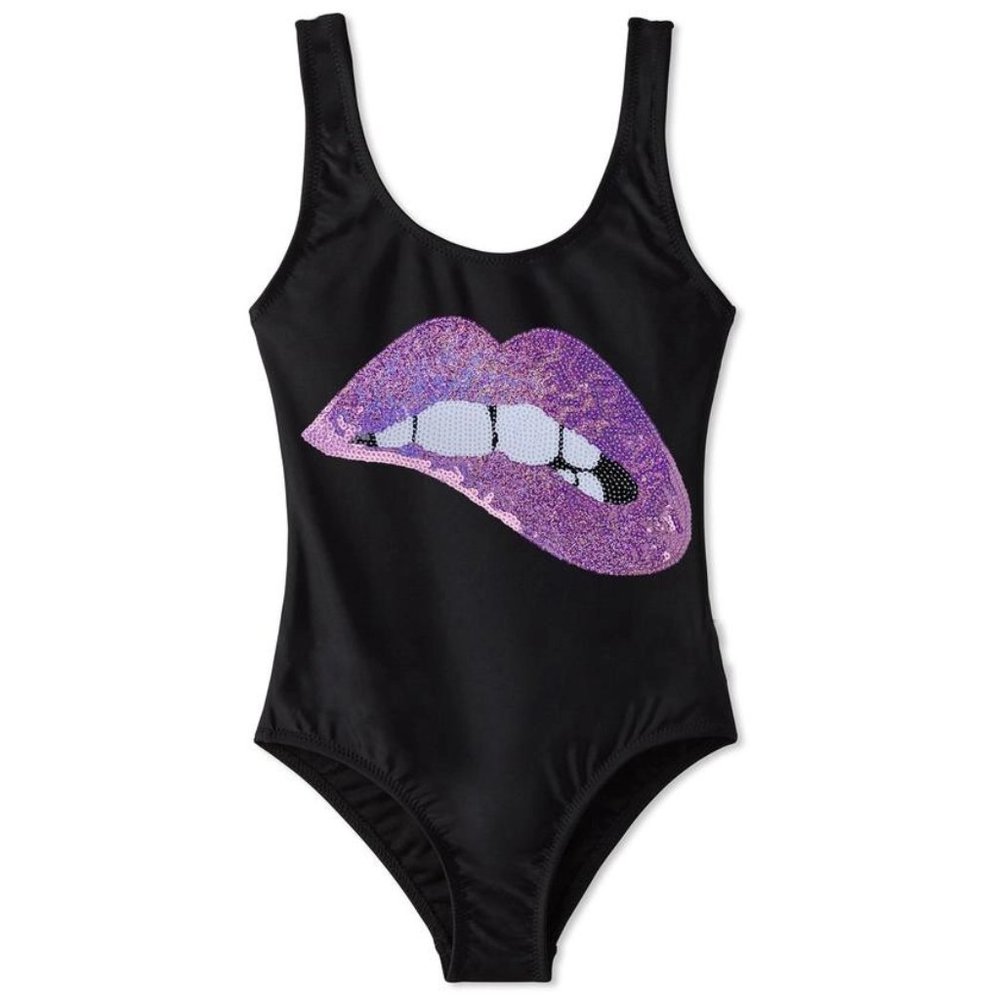 Stella Cove NWT Girls Swimwear Black Lip Applique Scoop Neck One Piece Swimsuit